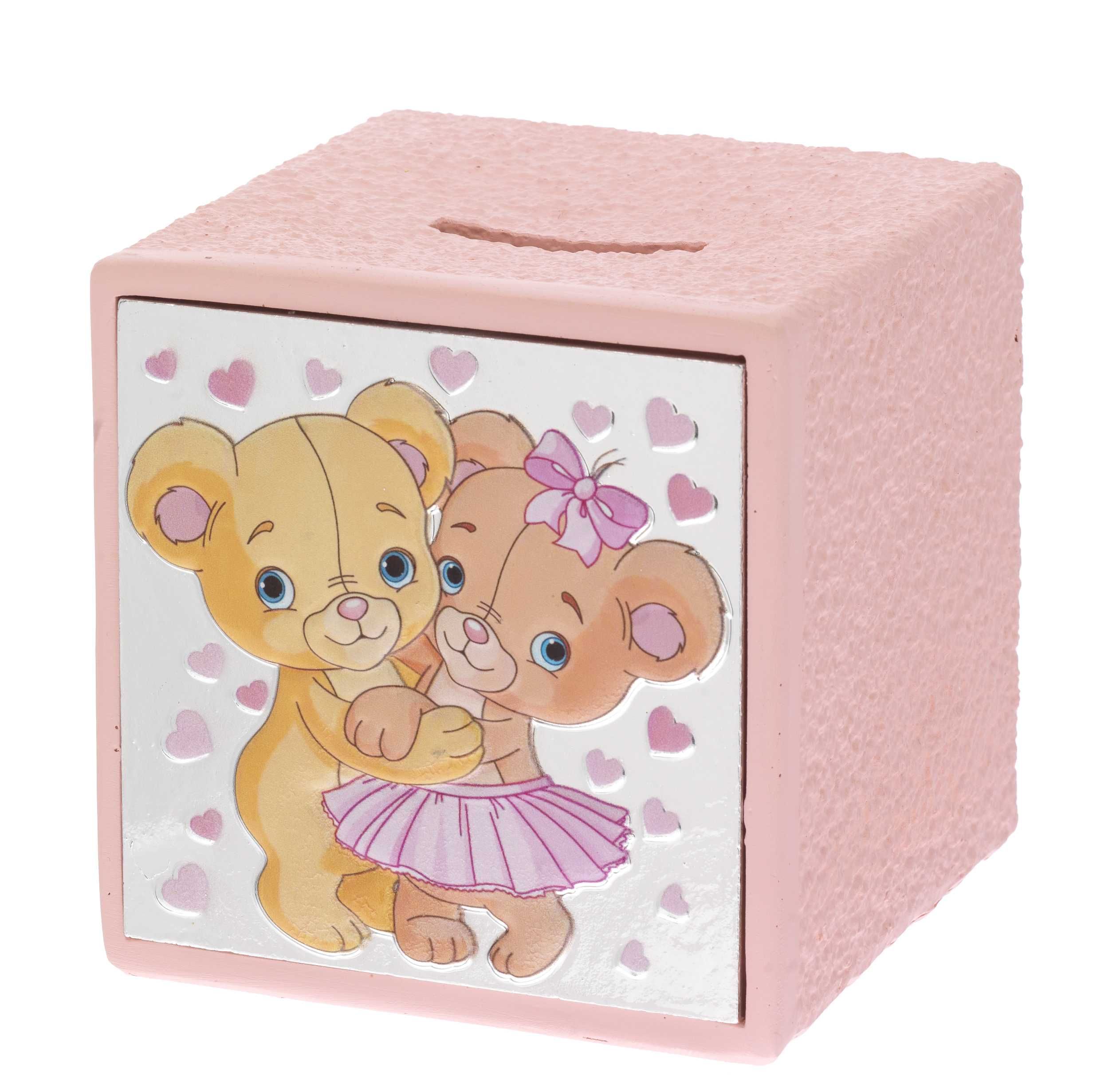 SALVADANAIO CUBO CON COPPIA ORSETTI ROSA
